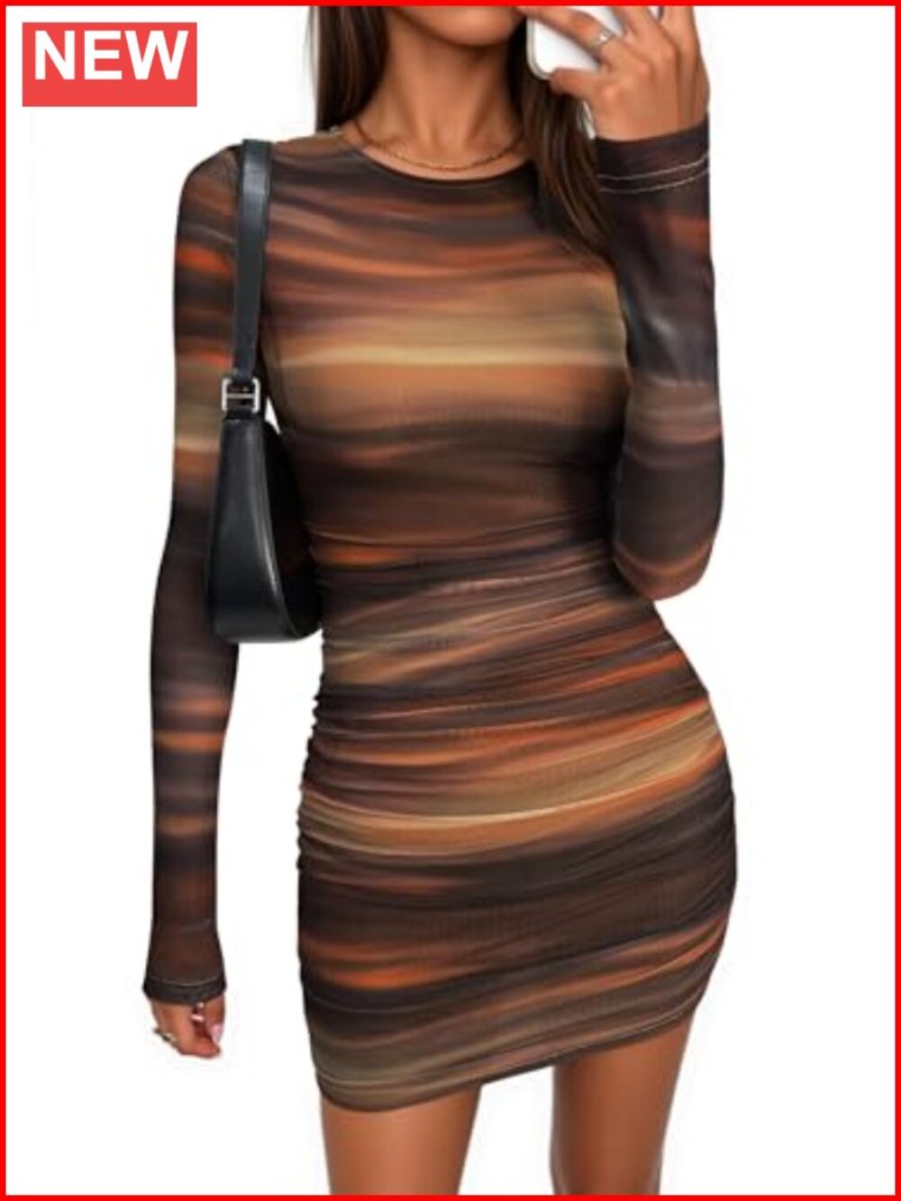 Bodycon Mini Dress Long Sleeve Tie Dye Mesh Ruched Party Cocktail Y2K